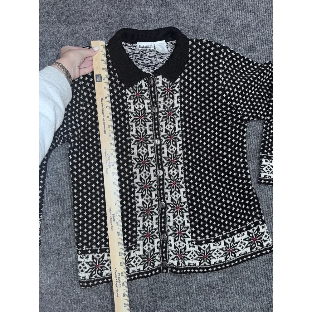 Y2K Capacity Fair Isle Collared Button Cardigan Sweater Black White Red M - Picture 12 of 13